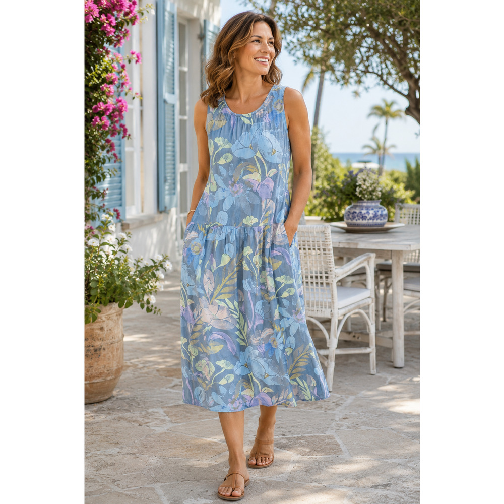 d&co Beach Floral Midi Dress Womens Small Blue Tropical Sleeveless Pockets